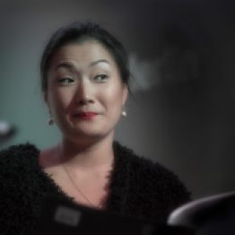Actress Hana Kim as Hollywood Reporter Libby Collins in the radio play “Sorry Wrong Number” by playwright Lucille Fletcher. Photo: Uka Meissner-DeRuiz
